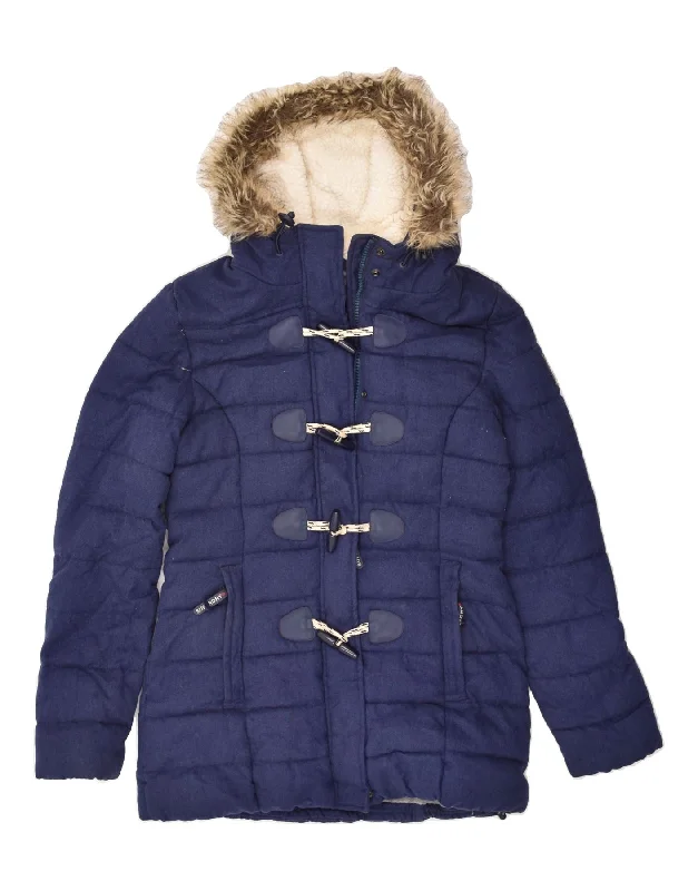 SUPERDRY Womens Hooded Padded Coat UK 10 Small Navy Blue