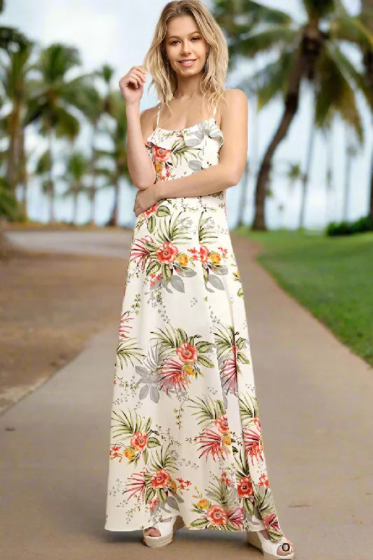 Umgee Tropical Back Cut Out Maxi Dress - Off White Mix