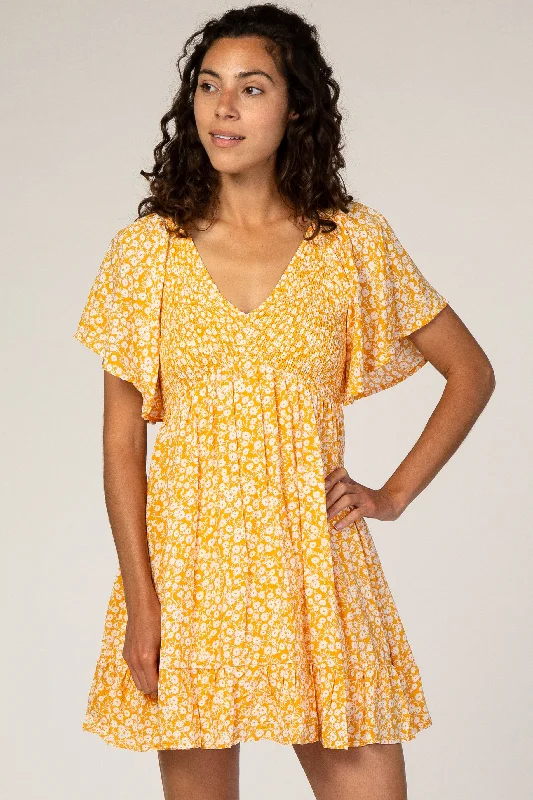 Yellow Floral Smocked Ruffle Dress