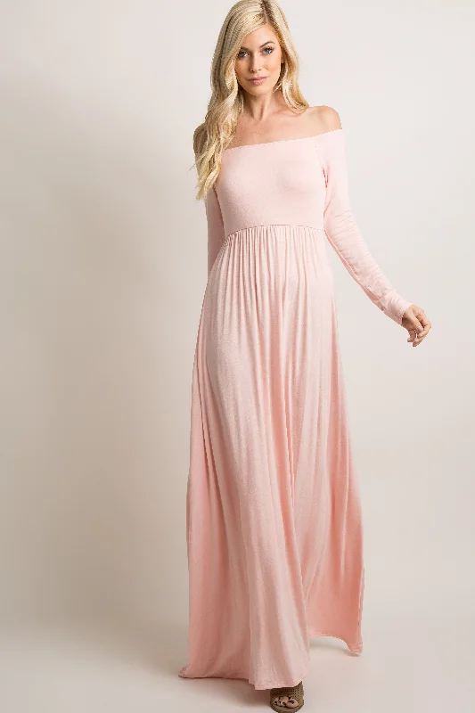 PinkBlush Pink Solid Off Shoulder Maxi Dress