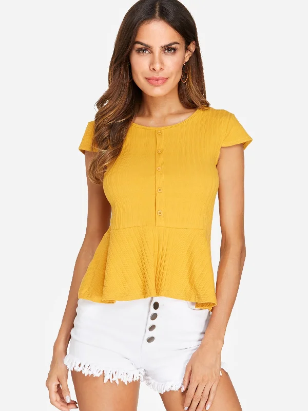 Custom Bateau Sleeveless Flounced Hem Yellow T-Shirts