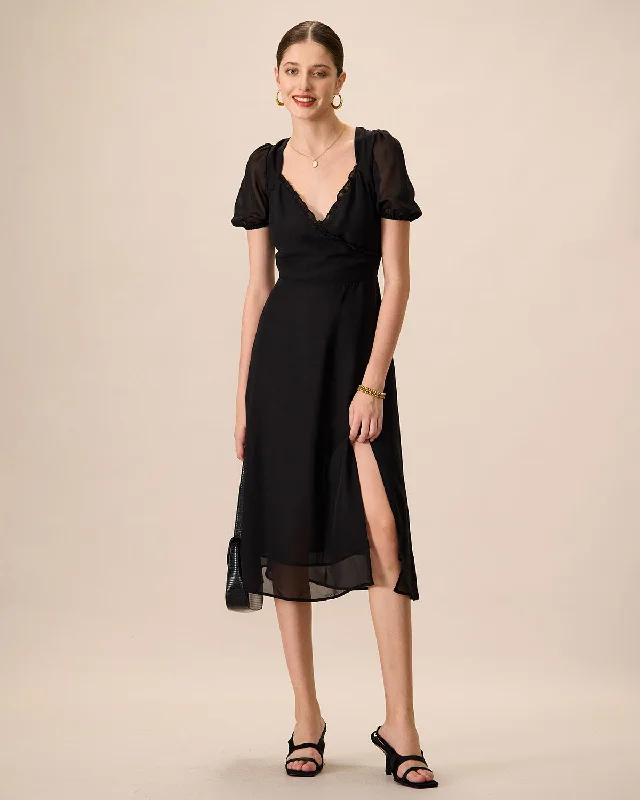 Women's Black Ruched See-Through Slit Midi Dress