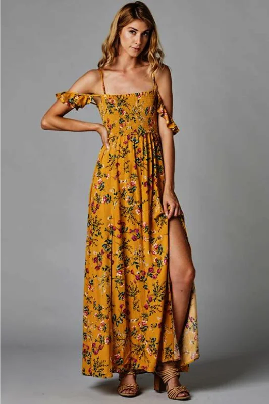 Floral Print Open Shoulder Smocked Dress - Mustard