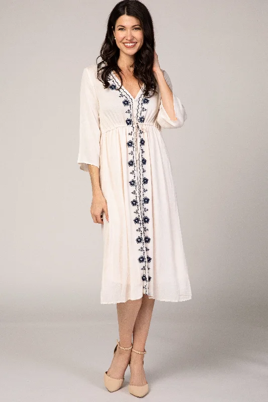 Beige Floral Embroidered 3/4 Sleeve Midi Dress