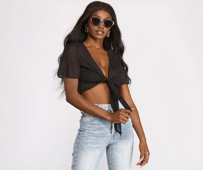 Chiffon Cap Sleeve Tie Front Crop Top