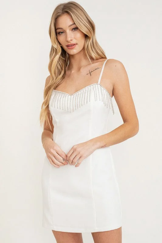 THIN STRAP RHINESTONE FRINGE MINI DRESS