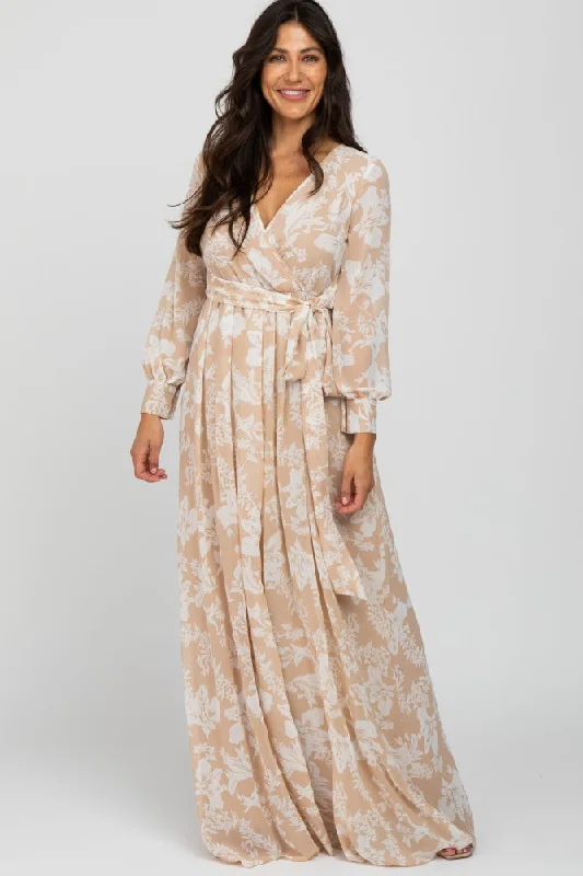 Taupe Floral Chiffon Maxi Dress