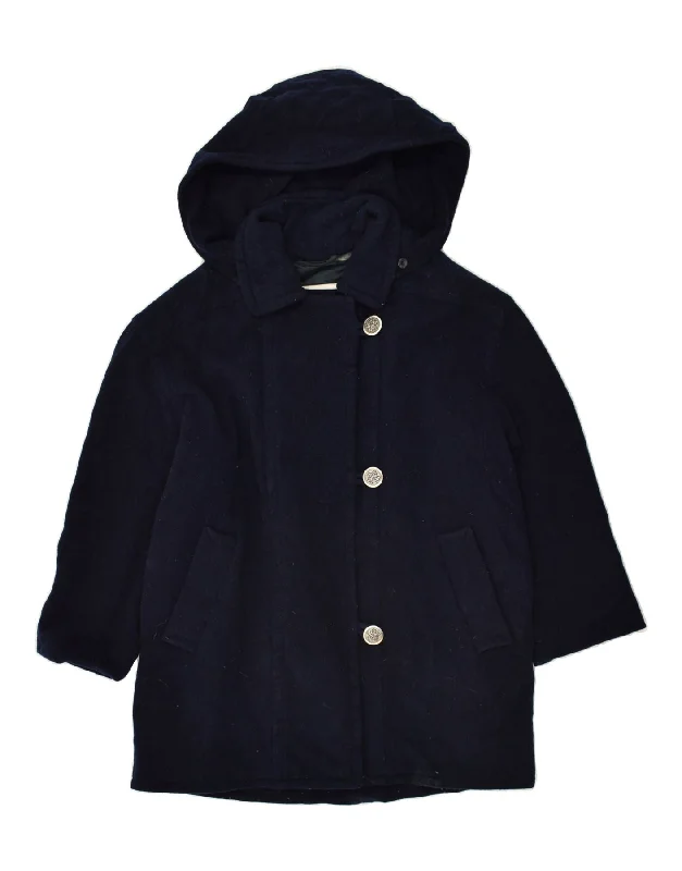 LONDON FOG Womens Petite Oversized Hooded Overcoat UK 6 XS Navy Blue Wool