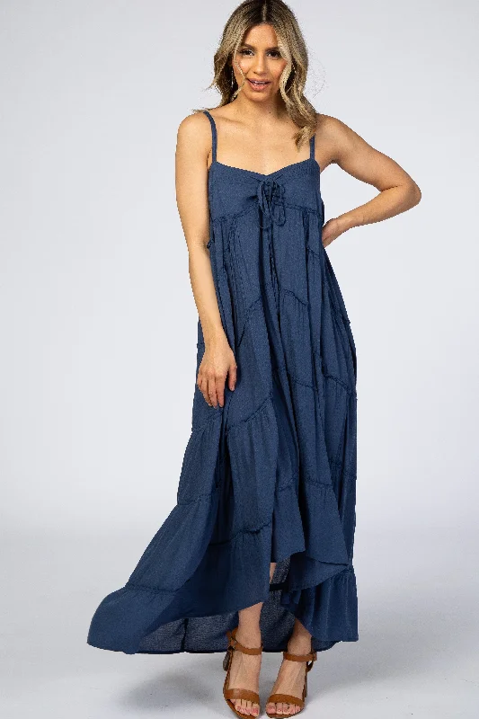 Navy Blue Ruffle Tier Hi-Low Dress