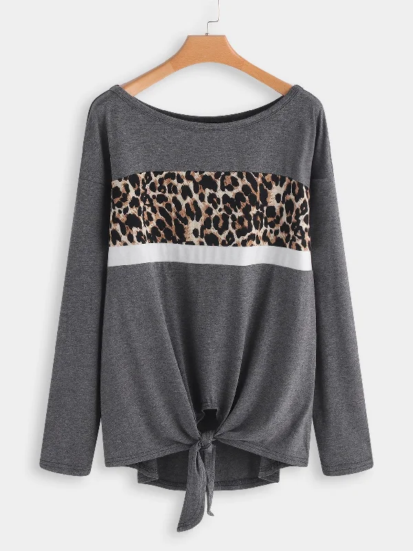 Custom Round Neck Leopard Long Sleeve Grey T-Shirt