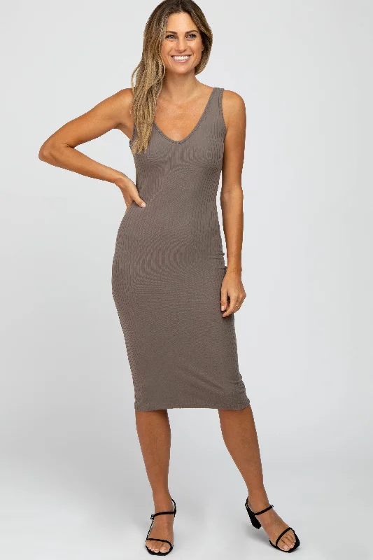 Taupe Sleeveless Ribbed Knit Fitted Dress