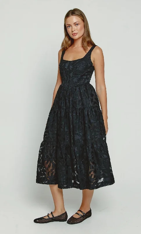 Black Corset Tiered Lace Midi Dress