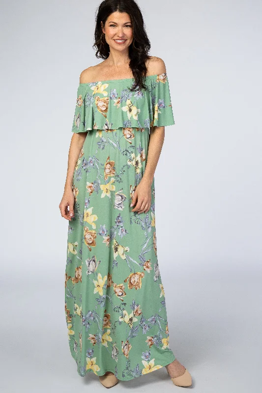 Sage Floral Off Shoulder Maxi Dress