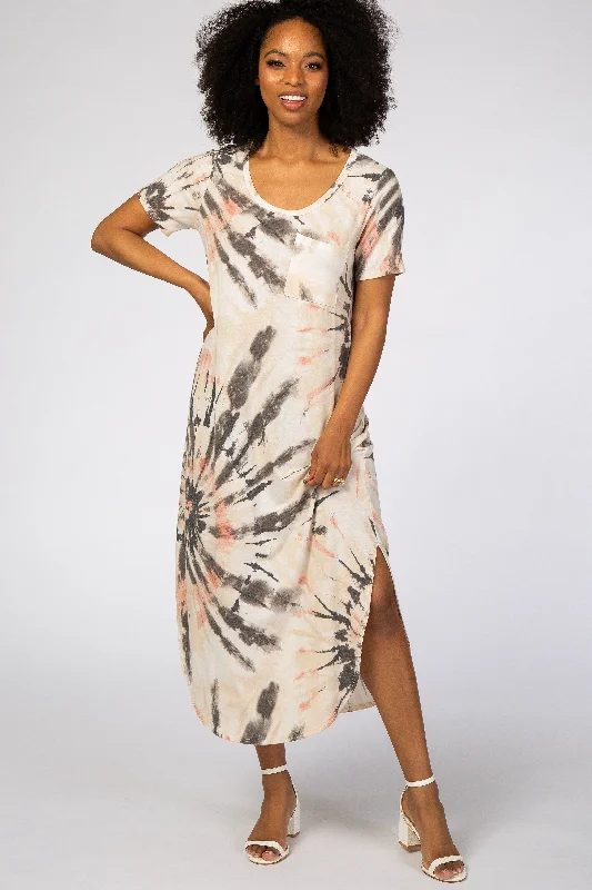 Cream Tie Dye Curved Hem Dress