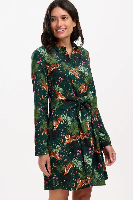 Henrietta Mini Shirt Dress - Dark Green, Tigers & Palms