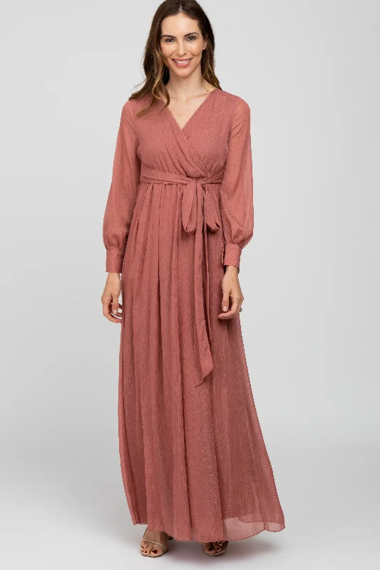 Pink Metallic Chiffon Maxi Dress